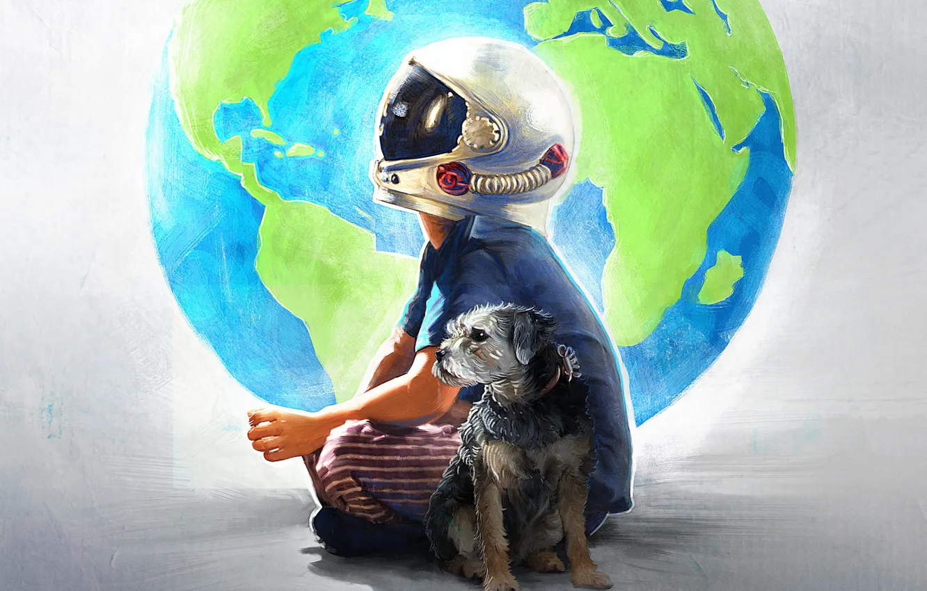 Photo wallpaper dog, boy, art, helmet, the globe, poster, Miracle, drama