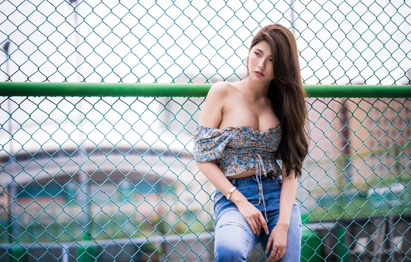 Photo wallpaper summer, girl, mesh, model, the fence, figure, Asian