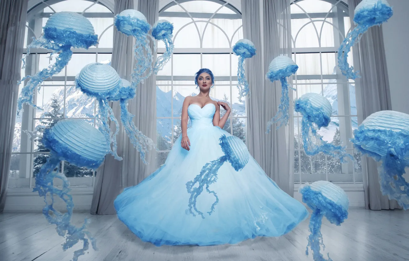Photo wallpaper girl, style, blue, interior, dress, window, jellyfish, the scenery