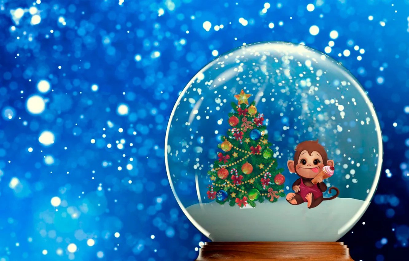 Photo wallpaper snow, balls, new year, monkey, herringbone