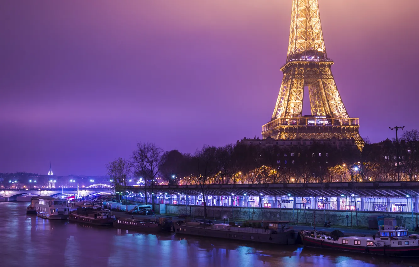 Photo wallpaper night, France, boat, lights, channel, Eiffel tower, Coast, France