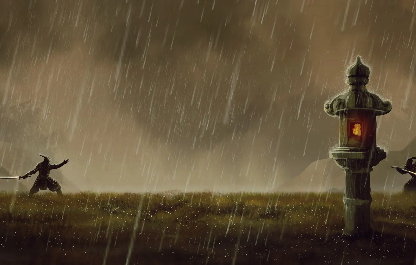 Photo wallpaper field, grass, mountains, clouds, rain, figure, sword, armor