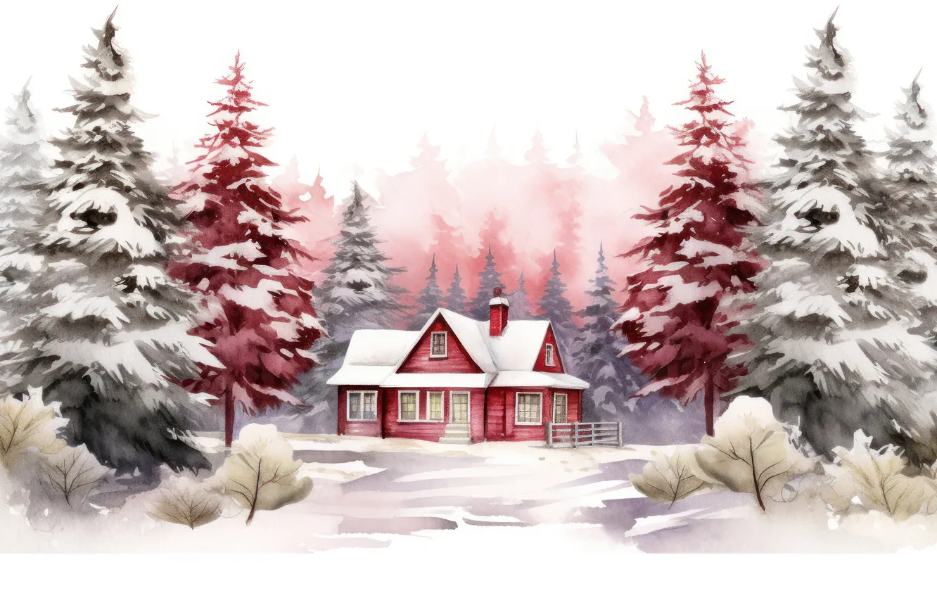Photo wallpaper winter, frost, forest, snow, red, fog, home, ate
