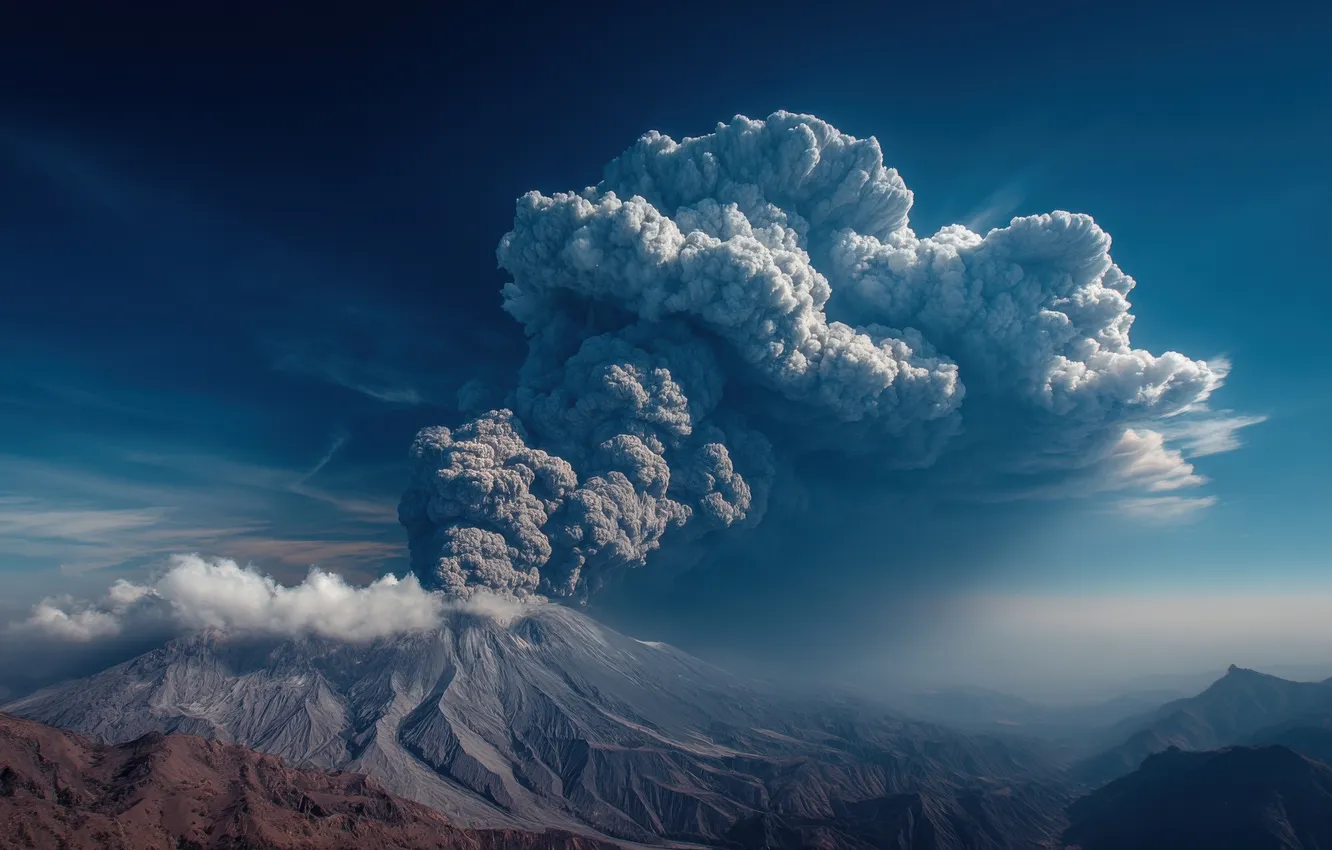 Photo wallpaper the sky, landscape, mountains, fog, smoke, the volcano, AI art, neural network