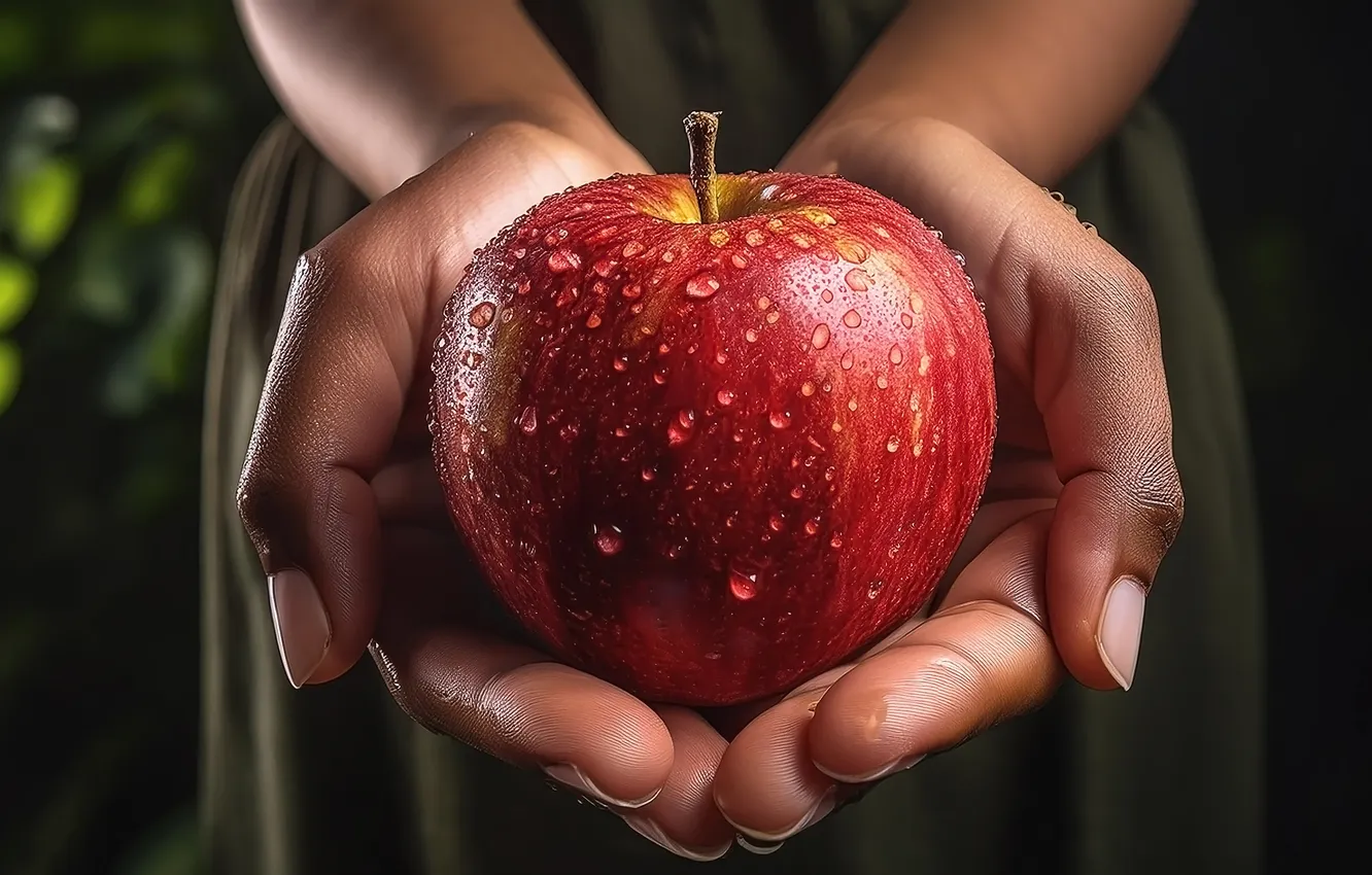 Photo wallpaper red, apples, hands, girl, AI art, drops, neural network