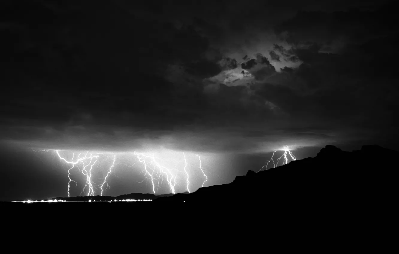 Photo wallpaper night, clouds, lights, zipper, lightning, home, hill, electricity