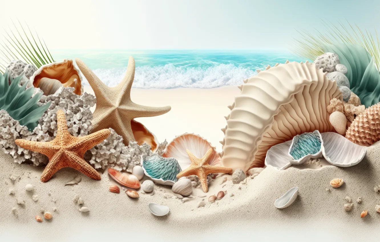 Photo wallpaper sea, beach, the ocean, shore, shell, starfish, seashells, seashell