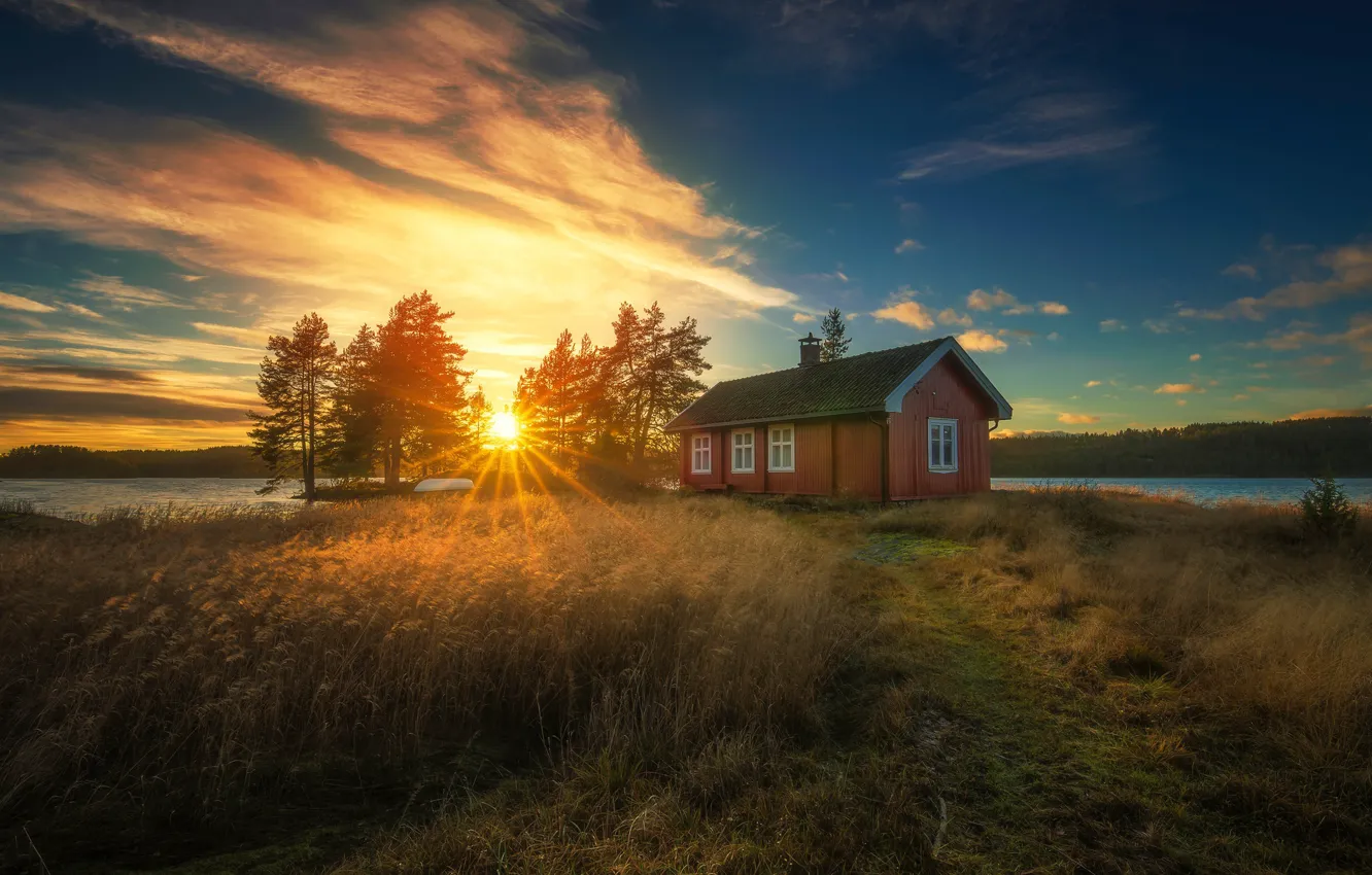 Photo wallpaper forest, the sky, the sun, rays, lake, house, dawn, Norway