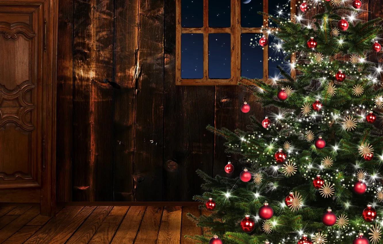 Photo wallpaper room, tree, new year, window, Christmas
