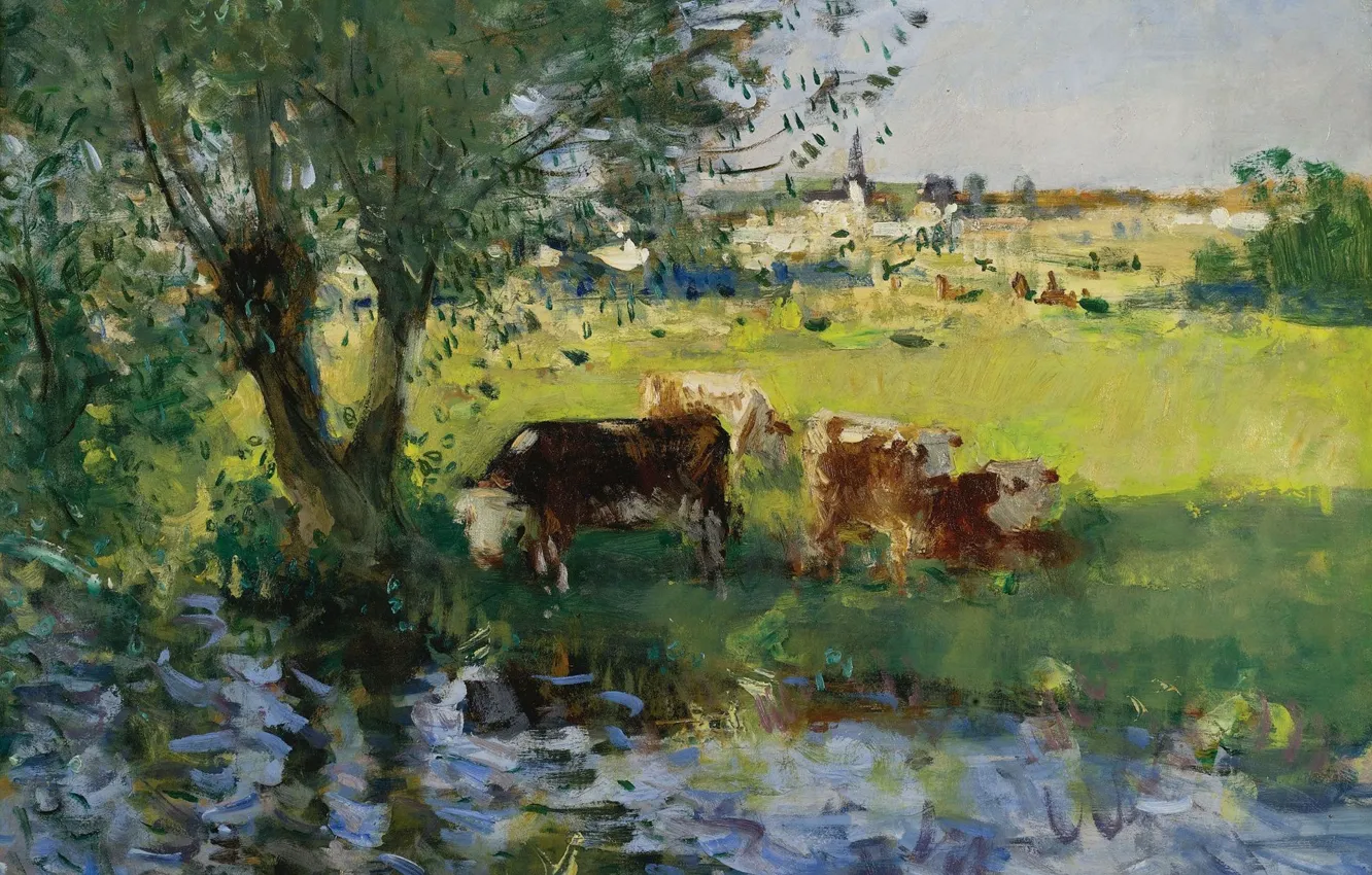 Photo wallpaper landscape, picture, Pierre Eugène Montesin, Pierre-Eugene Montezin, Cows in the shade of the Willow