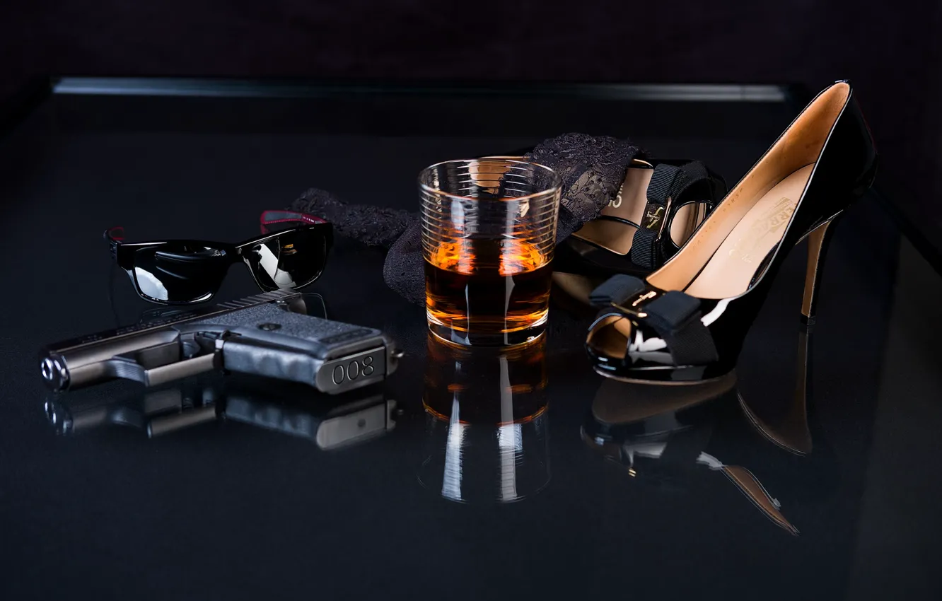 Photo wallpaper glass, gun, glasses, shoes