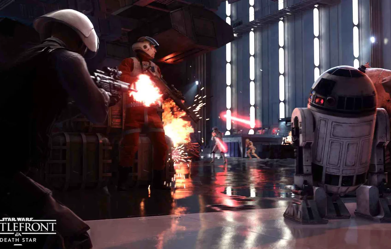 Photo wallpaper the game, attack, the rebels, the death star, Electronic Arts, R2-D2, DICE, Stormtroopers