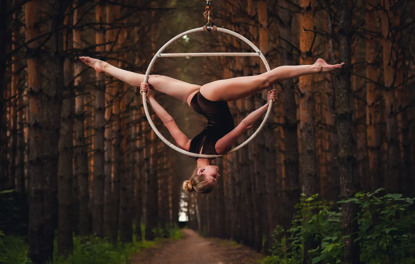 Photo wallpaper forest, woman, art, dance, blonde, hoop, acrobatics