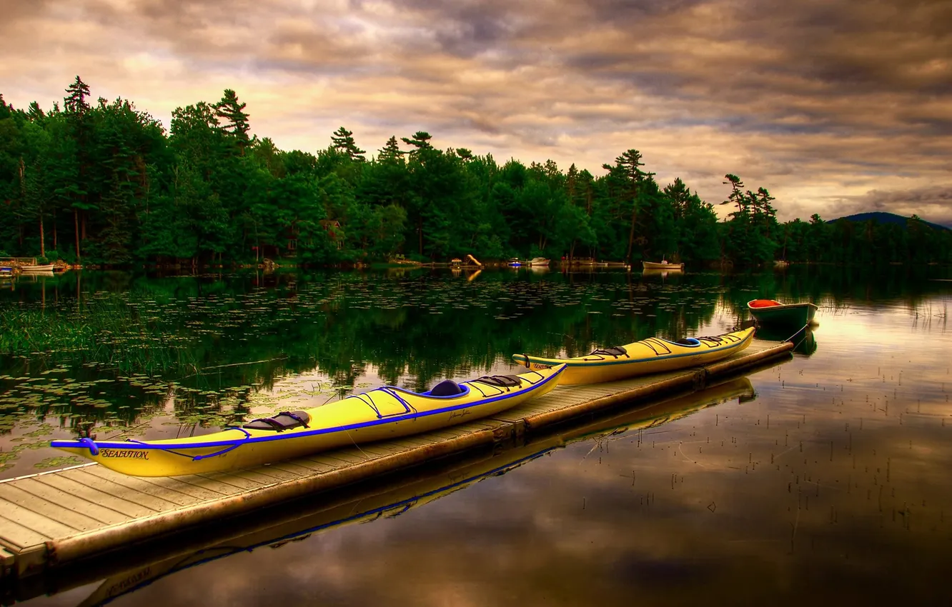 Photo wallpaper forest, the sky, clouds, mountains, lake, boat