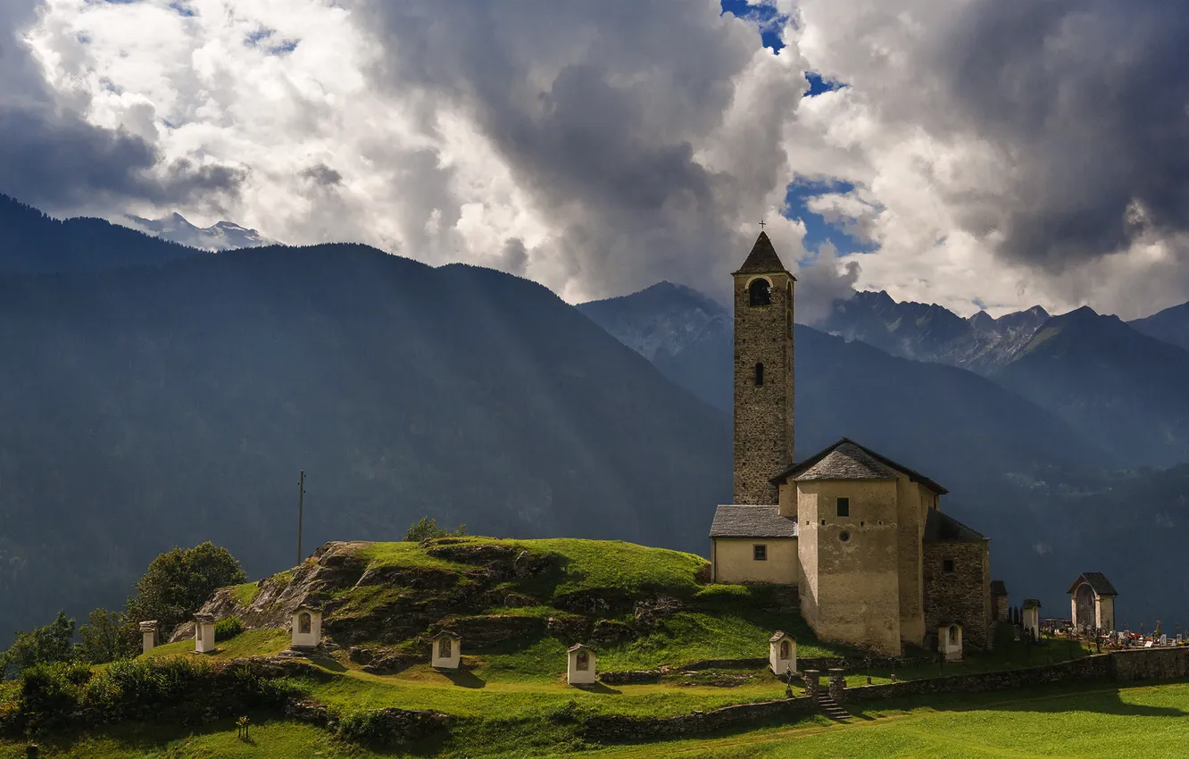Photo wallpaper the sun, clouds, mountains, Switzerland, Church, Rossura, Church of Saints Lorenzo and Agata