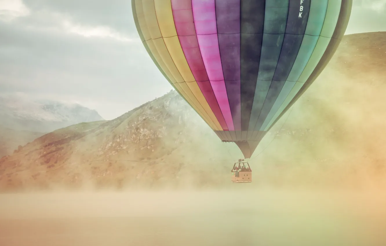 Photo wallpaper mountains, lake, fog, balloon, extreme sport