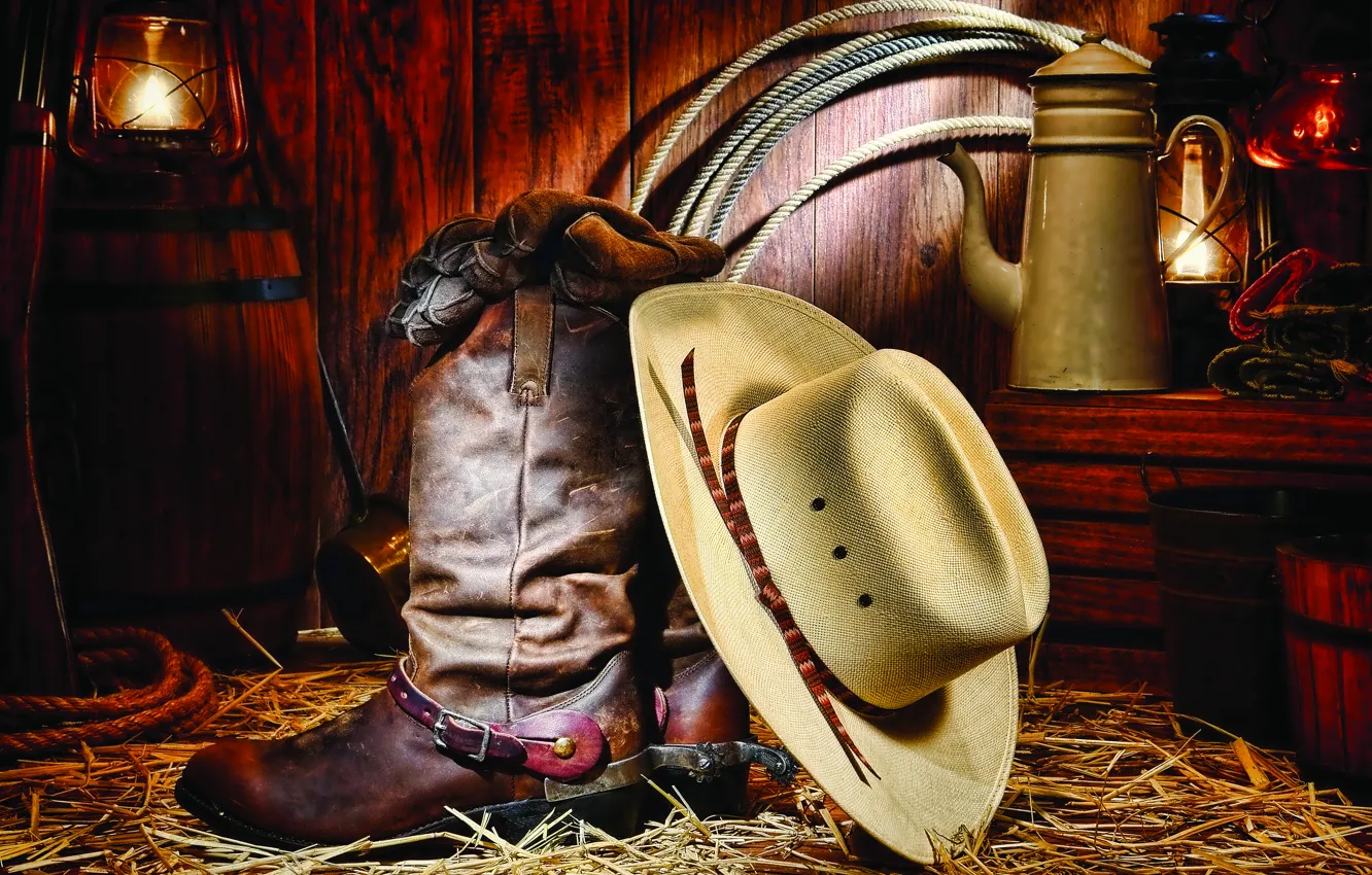 Photo wallpaper hat, cowboy, boots, stable