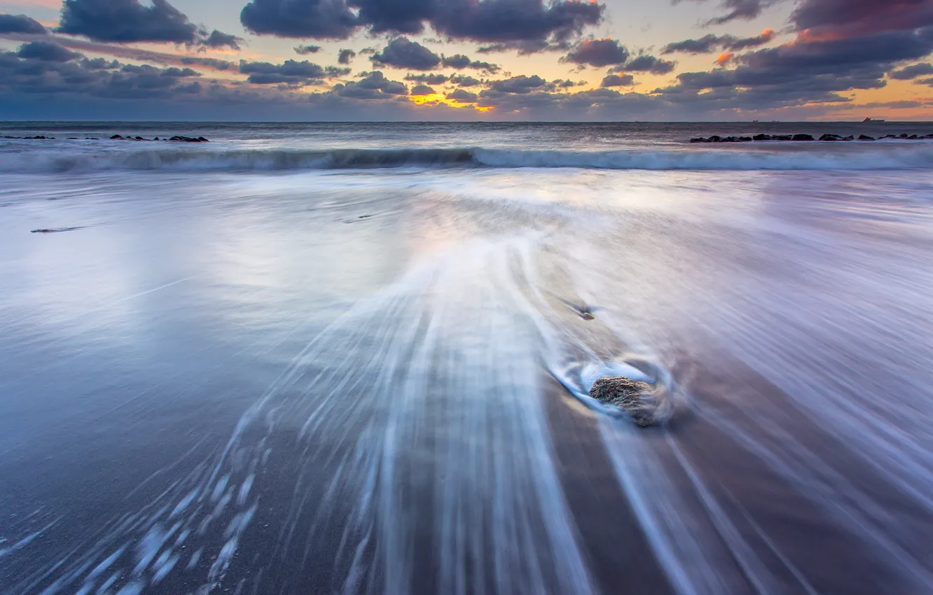 Photo wallpaper beach, the sky, clouds, sunset, Strait, shore, the evening, Denmark