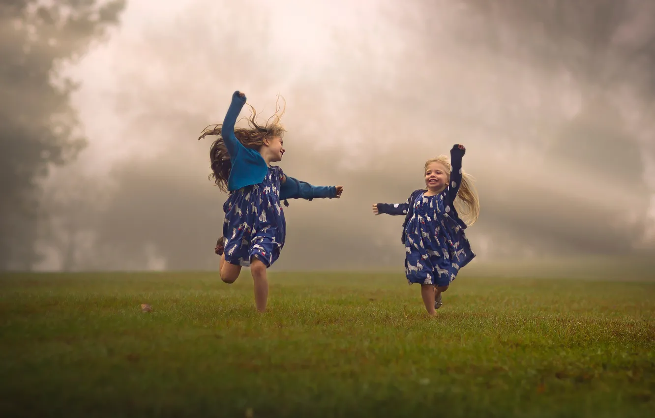 Photo wallpaper field, children, fog, girls, running