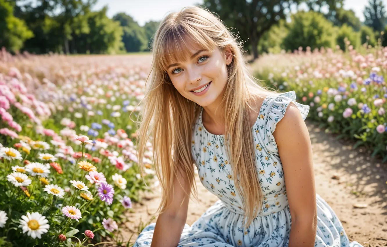 Photo wallpaper girl, happiness, flowers, nature, smile, portrait, dress, beautiful