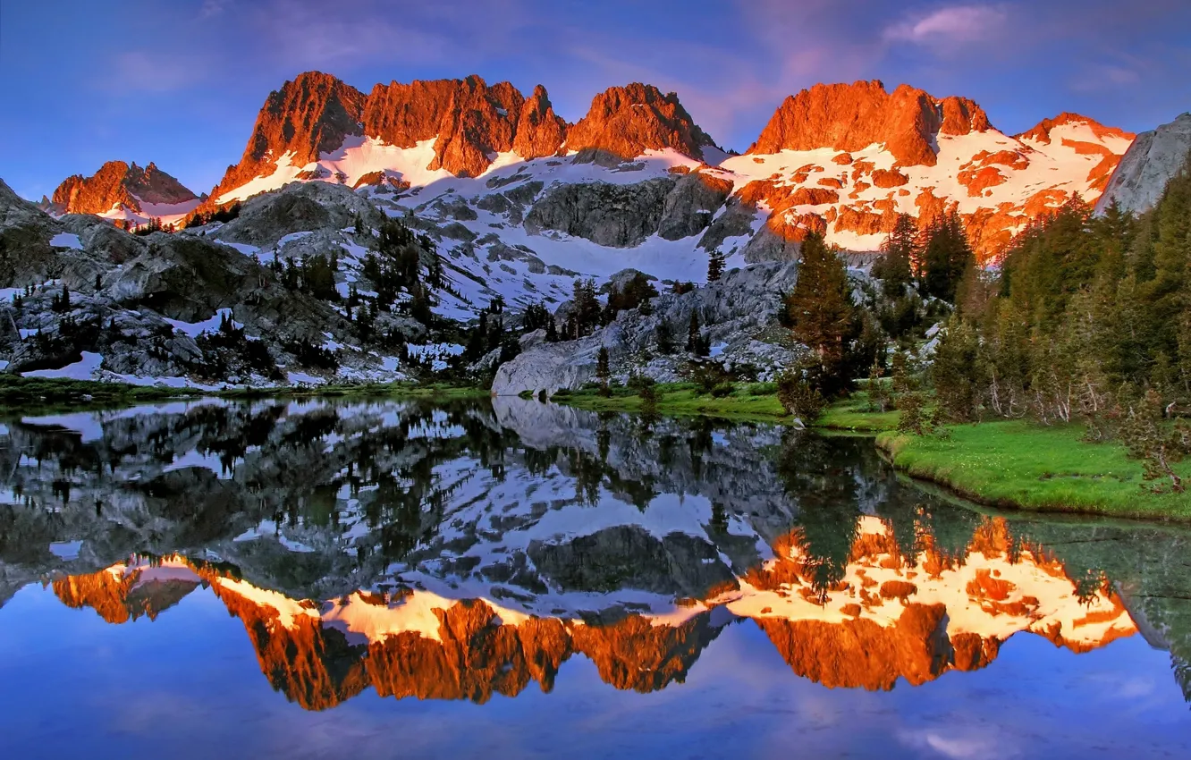 Photo wallpaper mountains, lake, reflection, CA, California, Minarets, Ediza Lake, Ansel Adams Wilderness