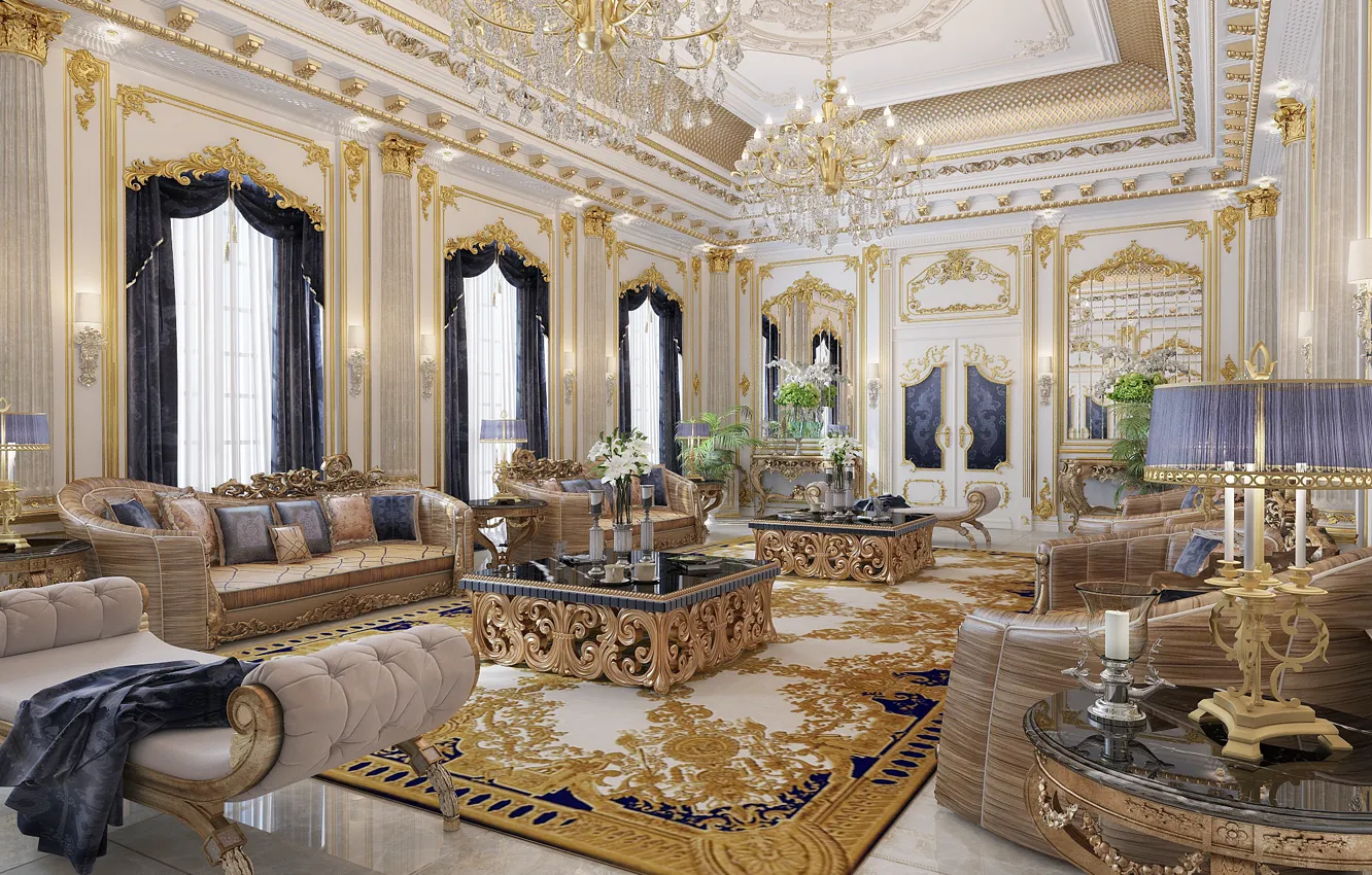 Photo wallpaper design, Villa, interior, chairs, luxury, sofas, living room, chandeliers