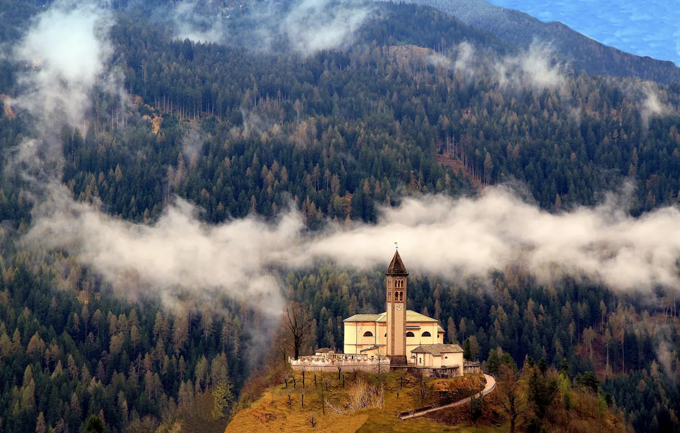 Photo wallpaper autumn, forest, clouds, mountains, fog, castle, view, height