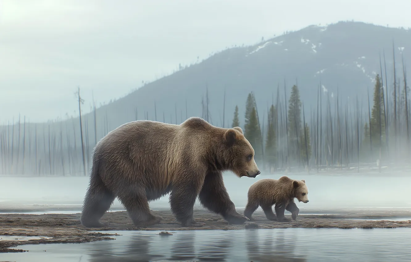 Photo wallpaper trees, mountains, river, predator, bear, cub, two, bear