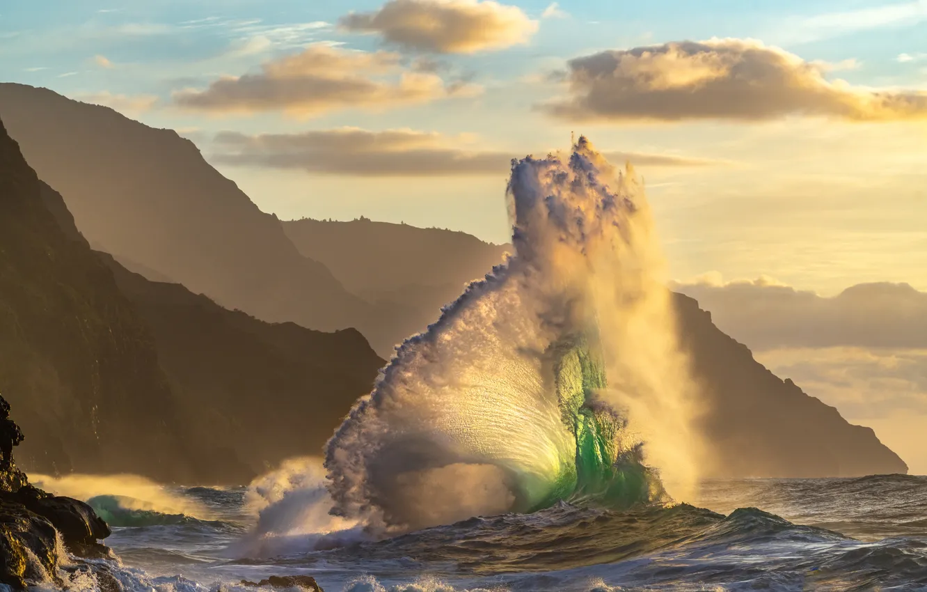 Photo wallpaper sea, wave, water, squirt, storm, nature, rocks, shore