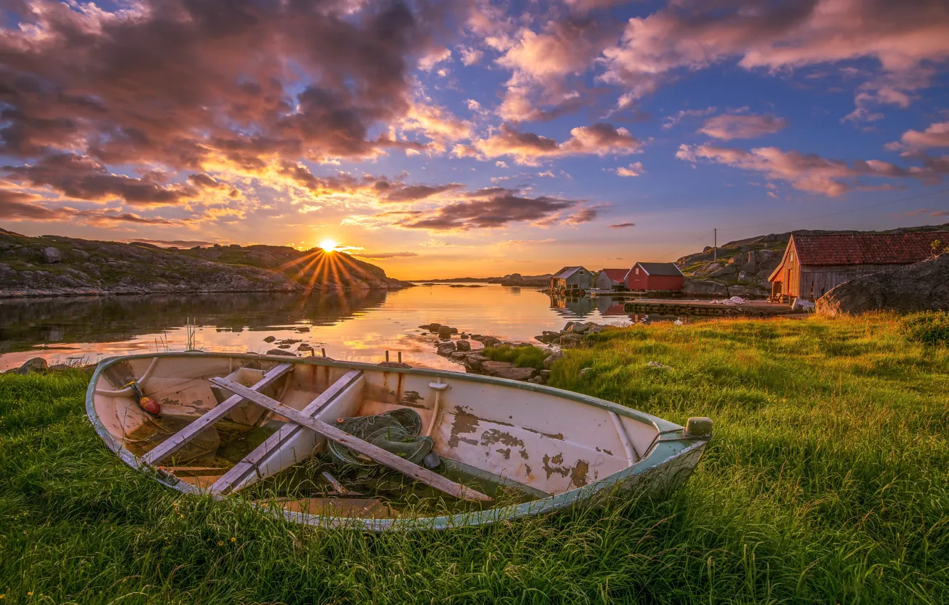 Photo wallpaper the sky, grass, clouds, stones, shore, coast, boat, Bay