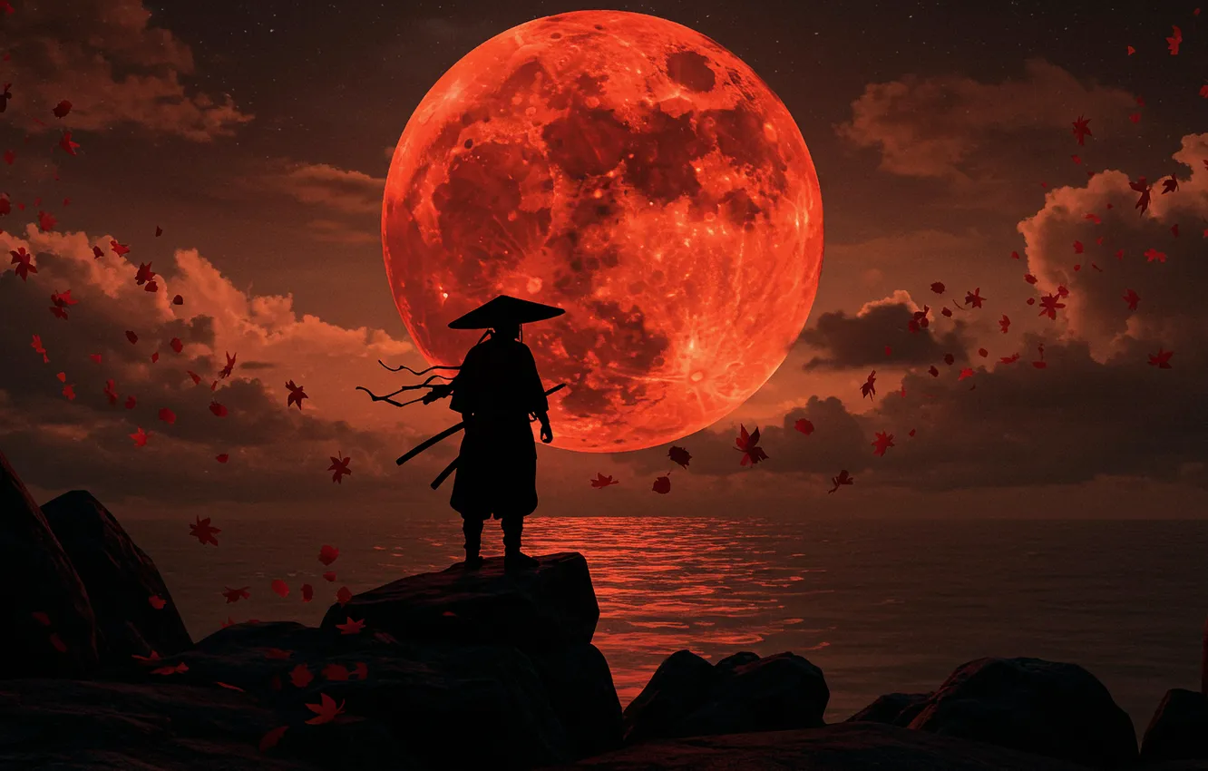 Photo wallpaper water, Wallpaper, the moon, figure, art, samurai, wallpaper, moon