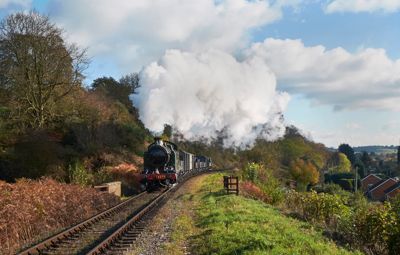 Photo wallpaper smoke, rails, the engine