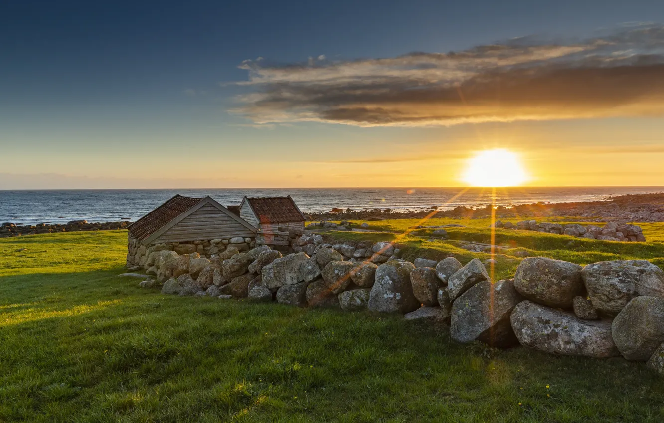 Photo wallpaper sunset, stones, coast, Norway, Rogaland