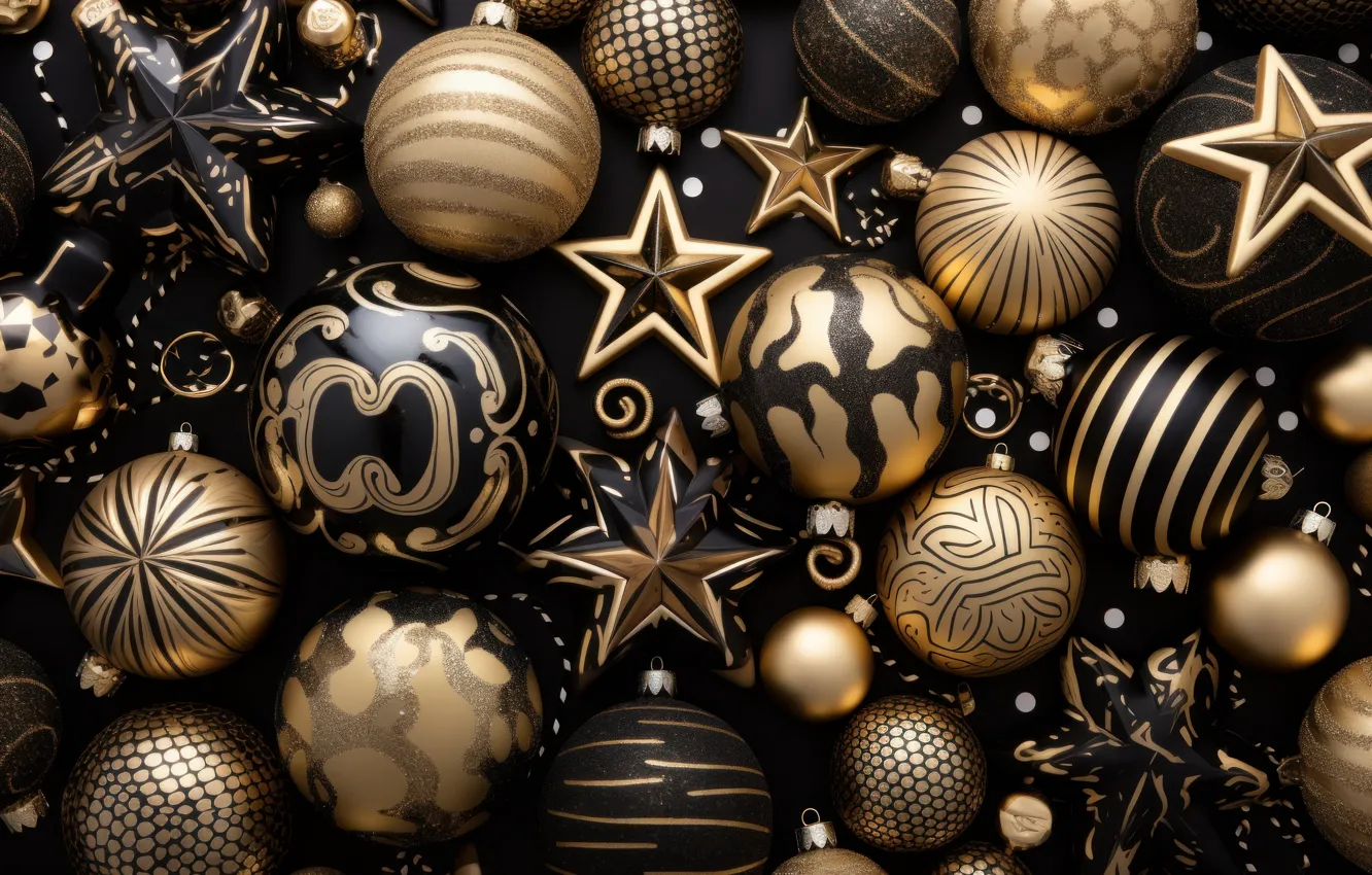 Photo wallpaper stars, balls, the dark background, black, new year, Christmas, gold, black background
