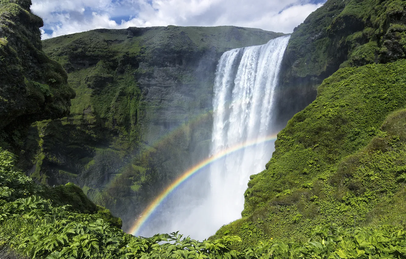 Photo wallpaper rocks, rainbow, Iceland, Iceland, Skogafoss, skogafoss waterfall