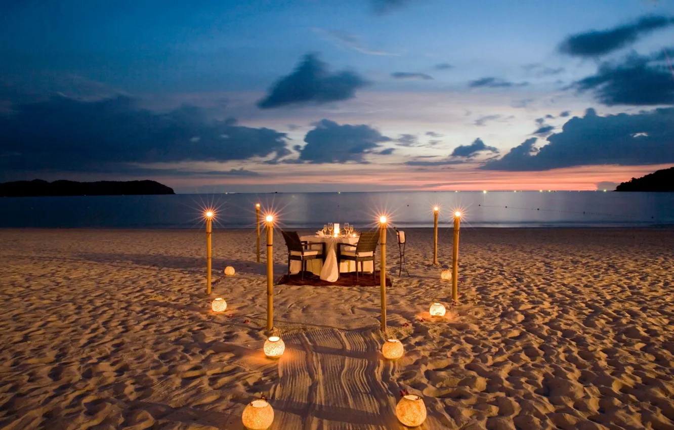 Photo wallpaper beach, the ocean, wine, romance, the evening, lights, dinner