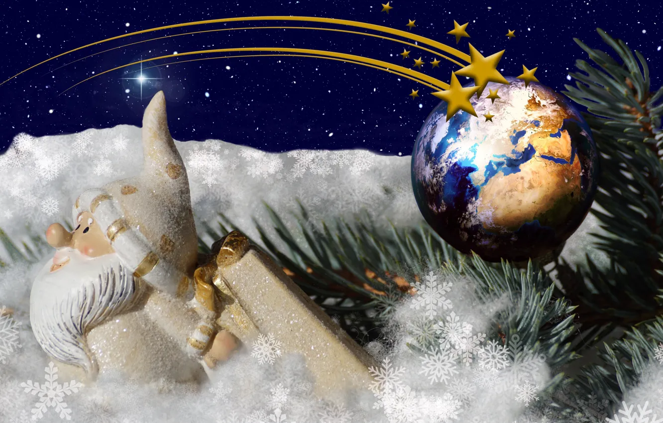 Photo wallpaper winter, stars, balls, snow, snowflakes, branches, holiday, toy