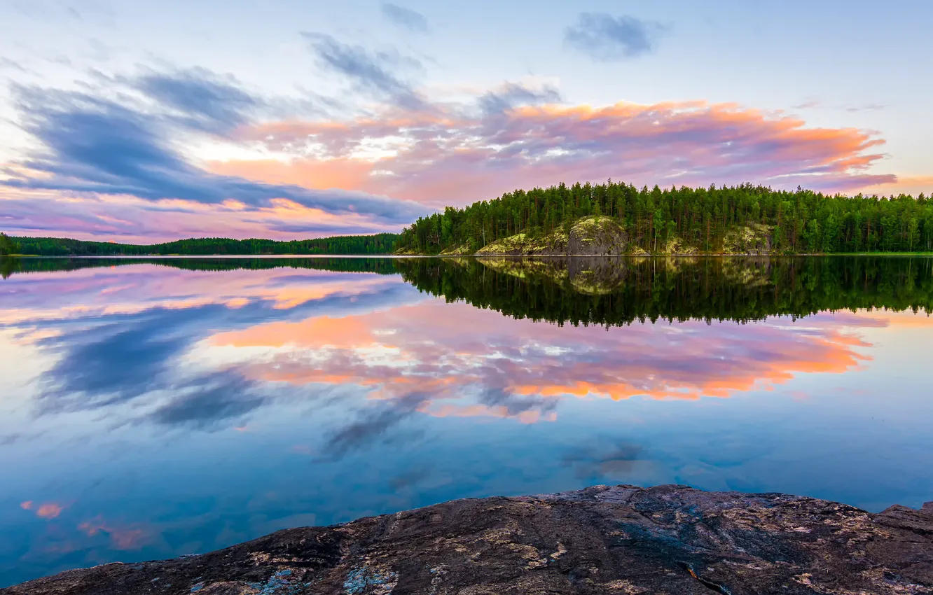 Photo wallpaper forest, the sky, clouds, lake, reflection, blue, stones, rocks
