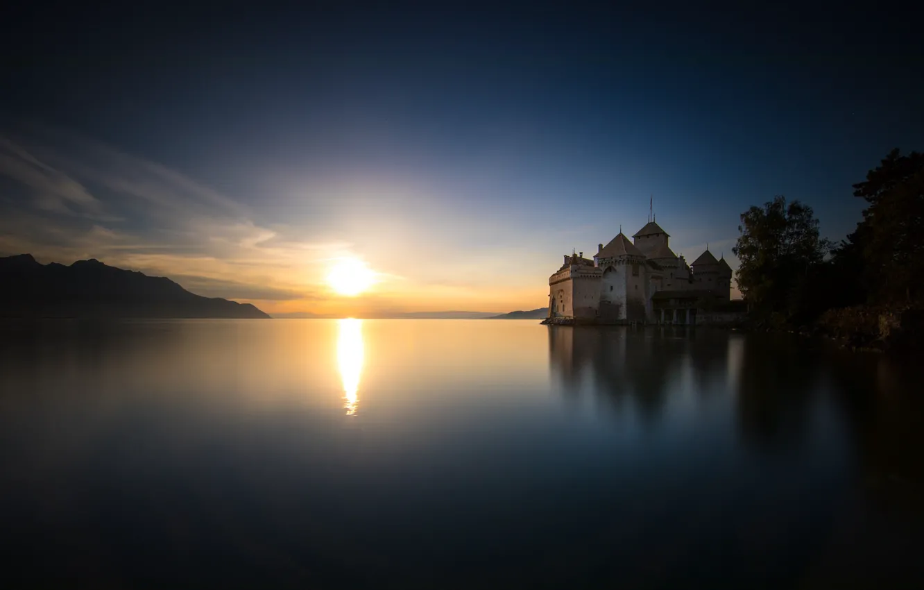 Photo wallpaper the sky, lake, dawn, Daniel Maier, Castle Chillon