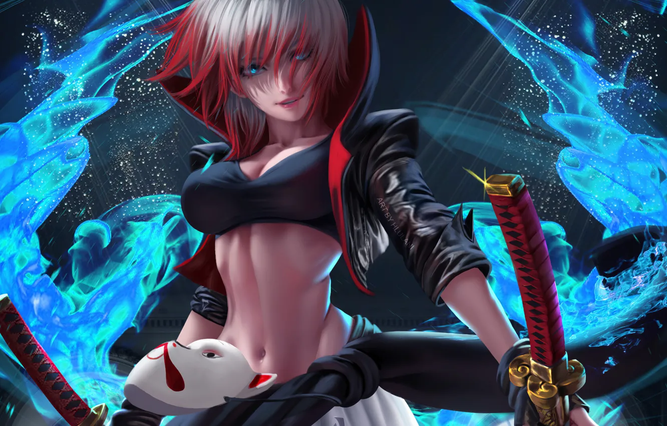 Photo wallpaper look, katana, anime, warrior, mask, blue eyes, beautiful girl, anime