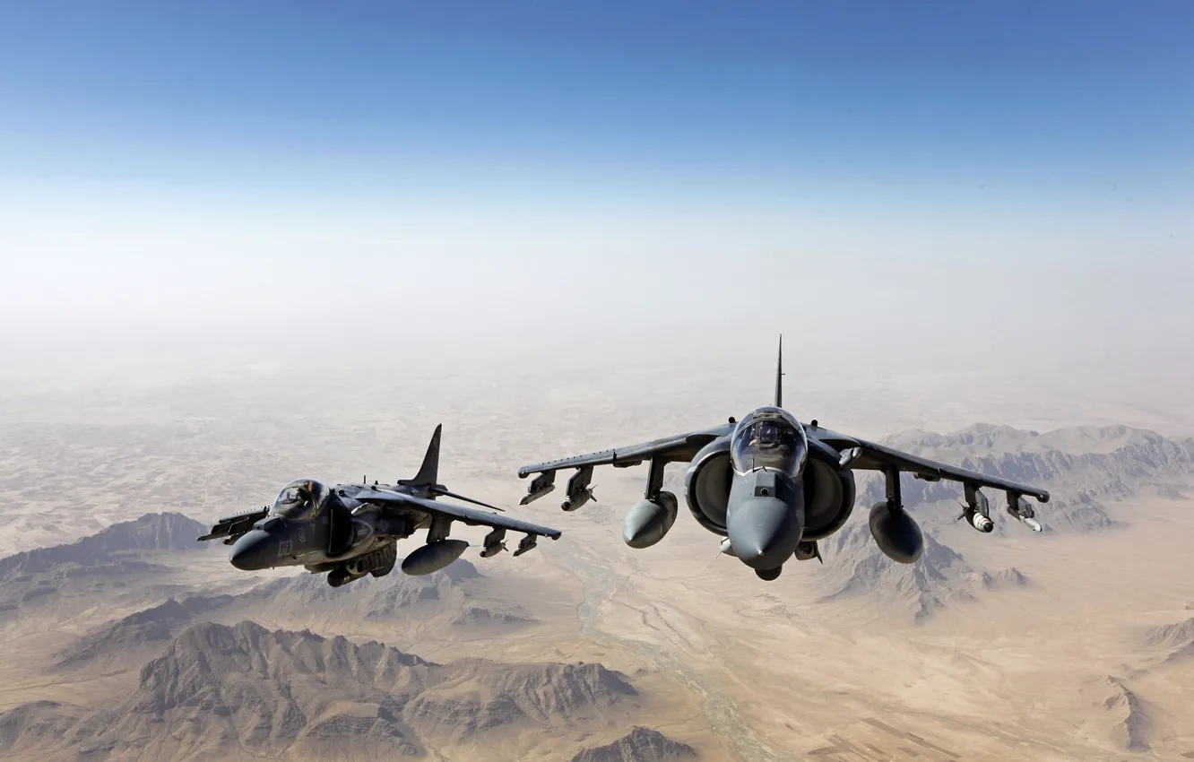 Photo wallpaper flight, mountains, earth, fighters, pair, stormtroopers, AV-8B, Harriers