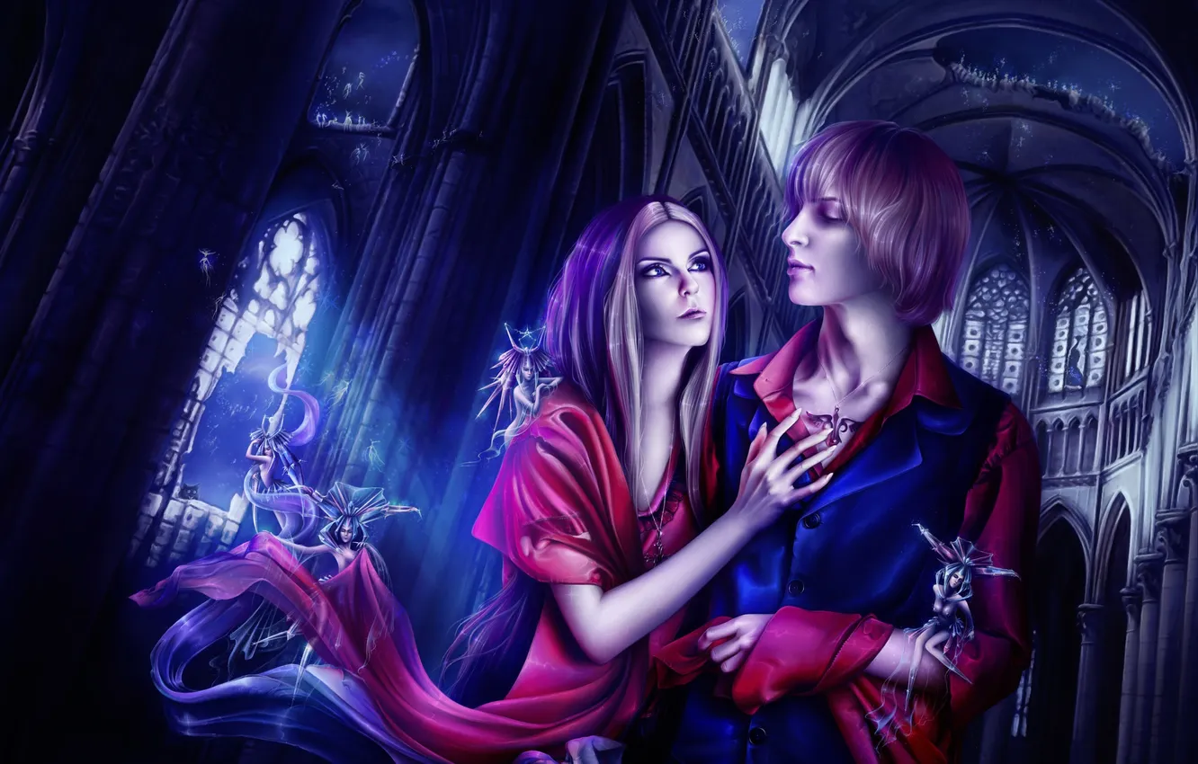 Photo wallpaper girl, night, castle, fairy, art, guy