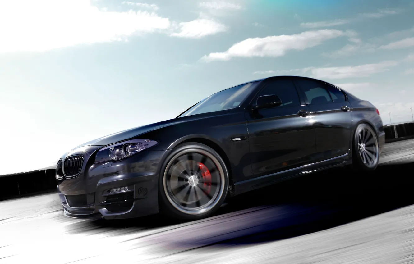 Photo wallpaper The sky, Clouds, Auto, Road, Tuning, Speed, Machine, BMW 5 series