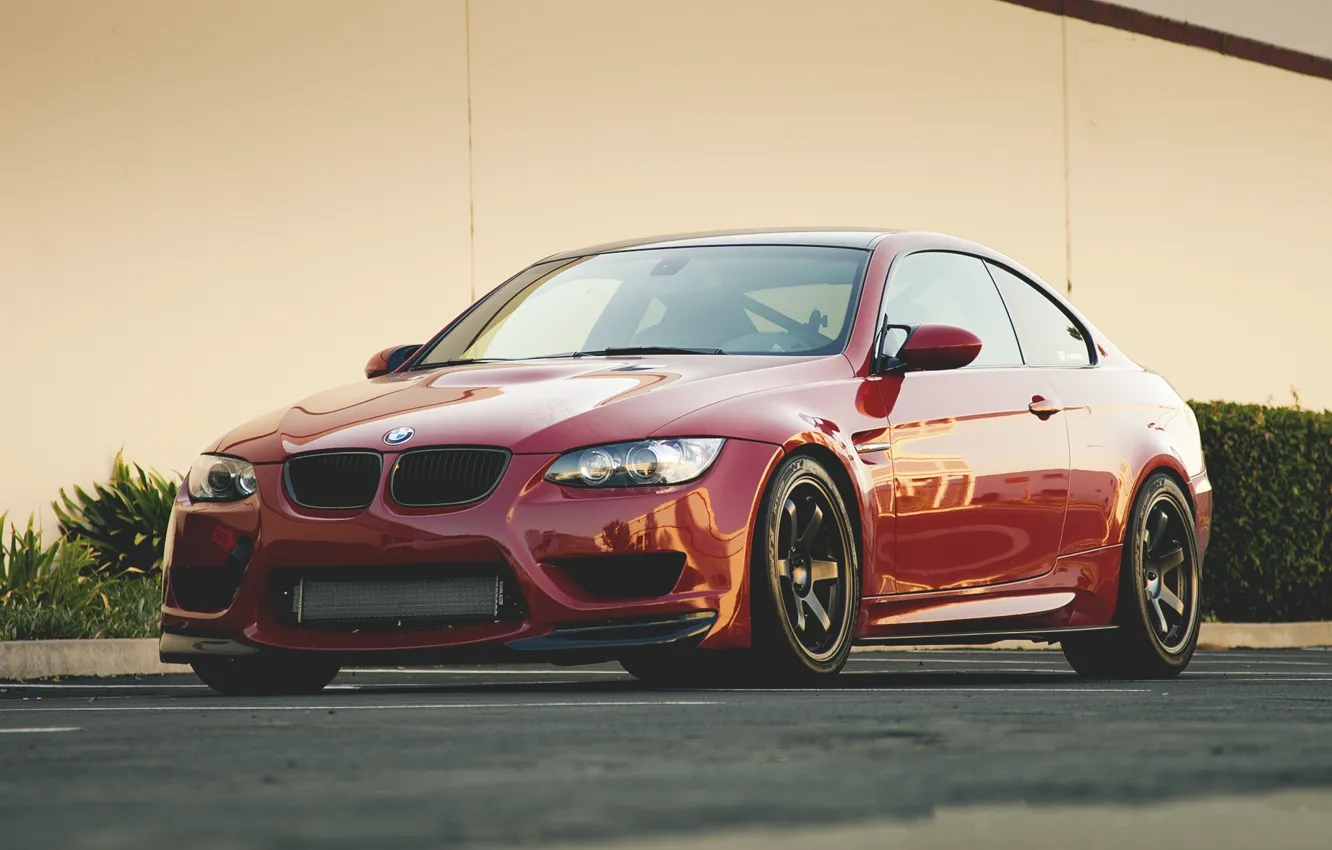 Photo wallpaper red, bmw, BMW, red, front view, e92, tinted, yellow wall