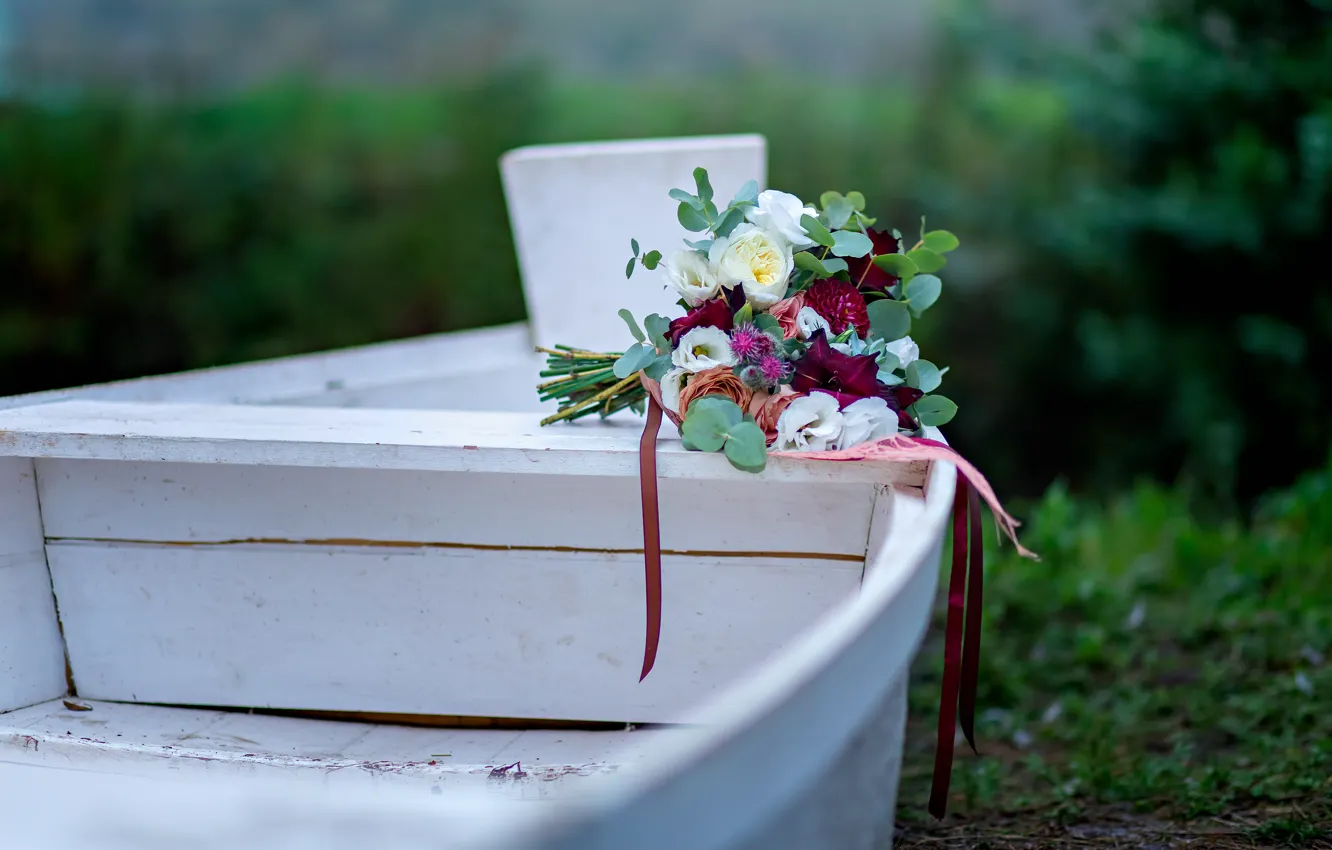 Photo wallpaper summer, flowers, river, shore, boat, bouquet, wedding, white boat
