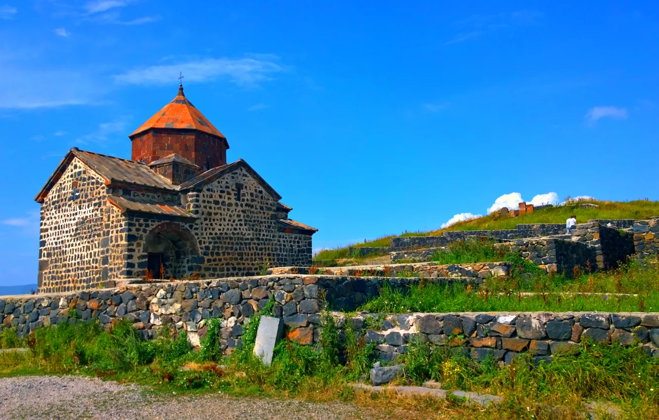 Photo wallpaper the sky, the city, stones, Church, Armenia, Sevanavank, Sevan