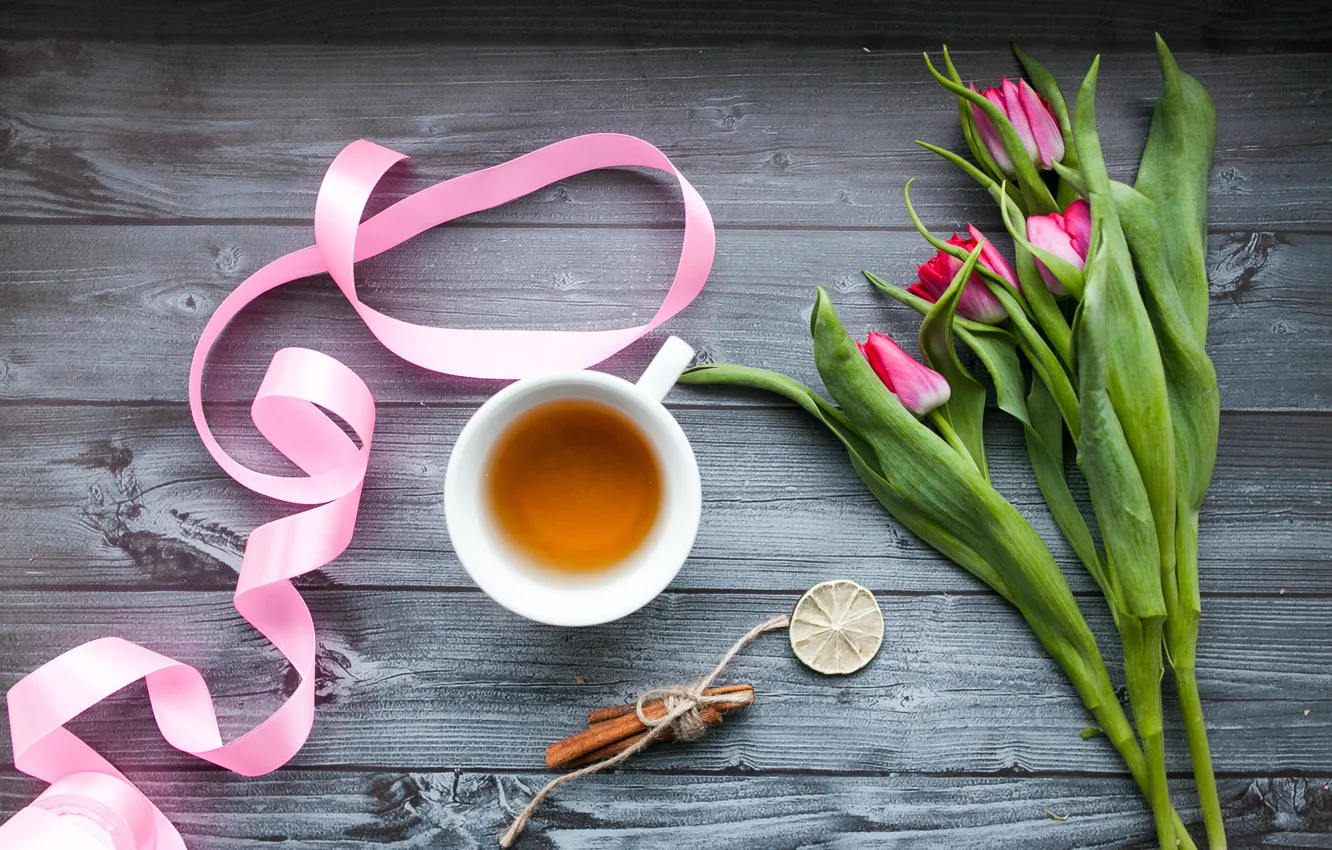 Photo wallpaper flowers, lemon, tea, tulips