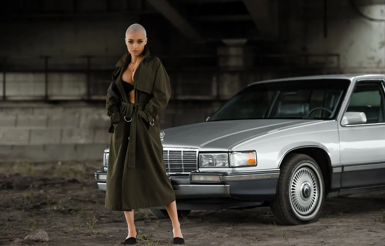 Photo wallpaper car, girl, bald, Raincoat