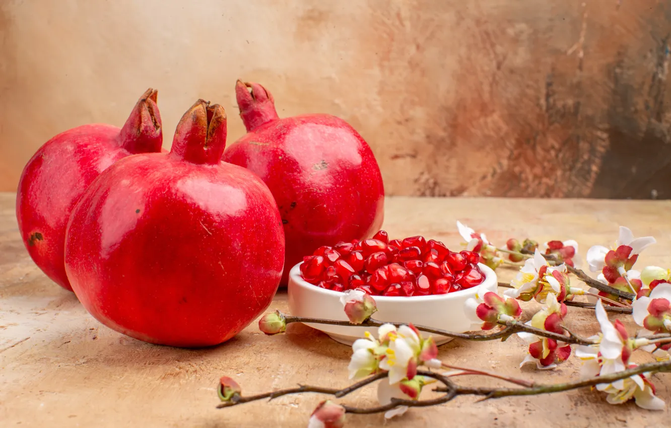 Photo wallpaper branches, bowl, garnet, pomegranate grains