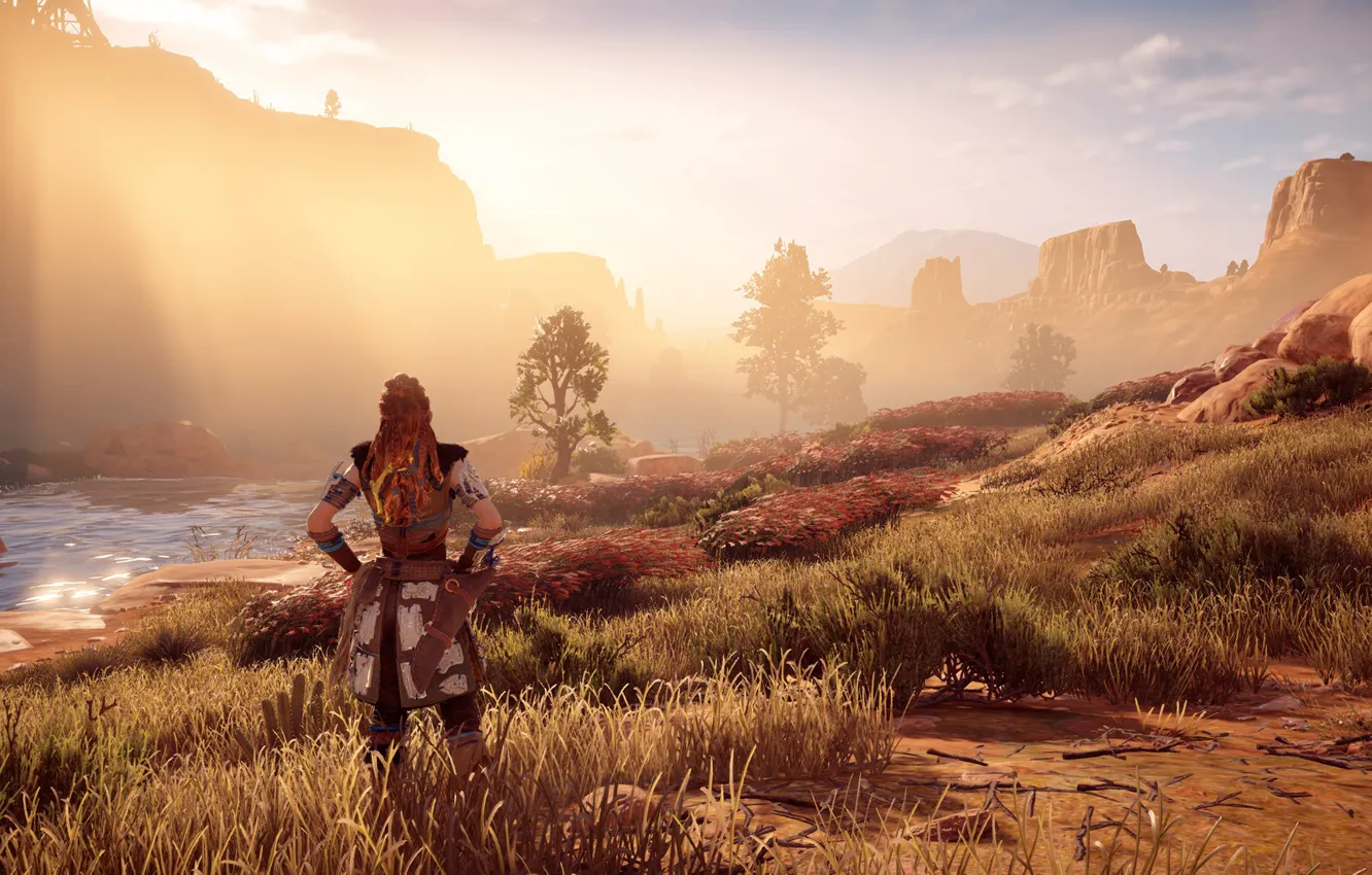 Photo wallpaper the sun, river, rocks, exclusive, Playstation 4, Guerrilla Games, Horizon Zero Dawn, Eloy